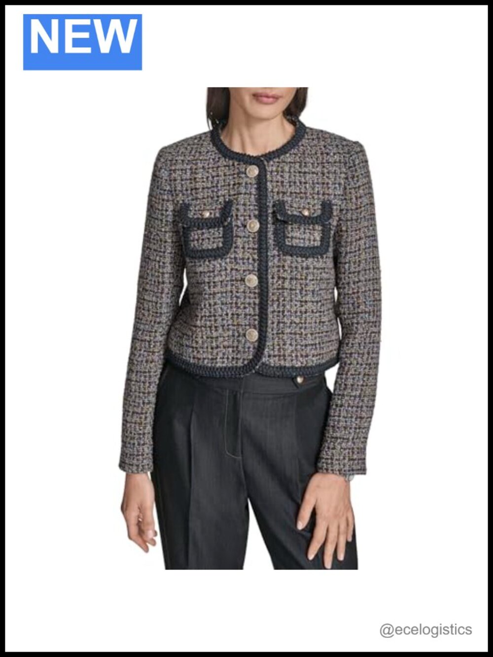 Long Sleeve Braided Trim Novelty Tweed Cropped Button Front Jacket